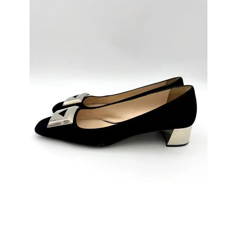 Prada Square Toe Pumps Black Suede Size 39.5 / 9.5 Metal Buckle Logo